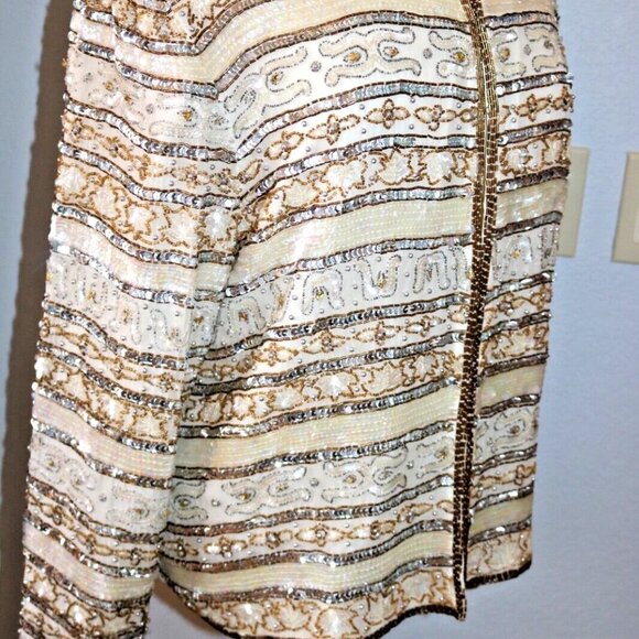 80s Evening Jacket Beads Sequins 100% Silk Ivory Gold Women's - Picture 3 of 16